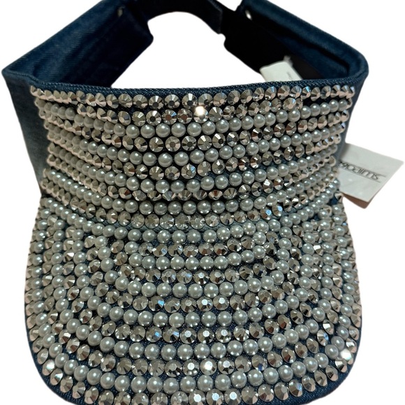 29 Palms Accessories - NWT 29 Palms Rhinestone Denim Visor Hat Full Bling Pearl Hat Adjustable One Size